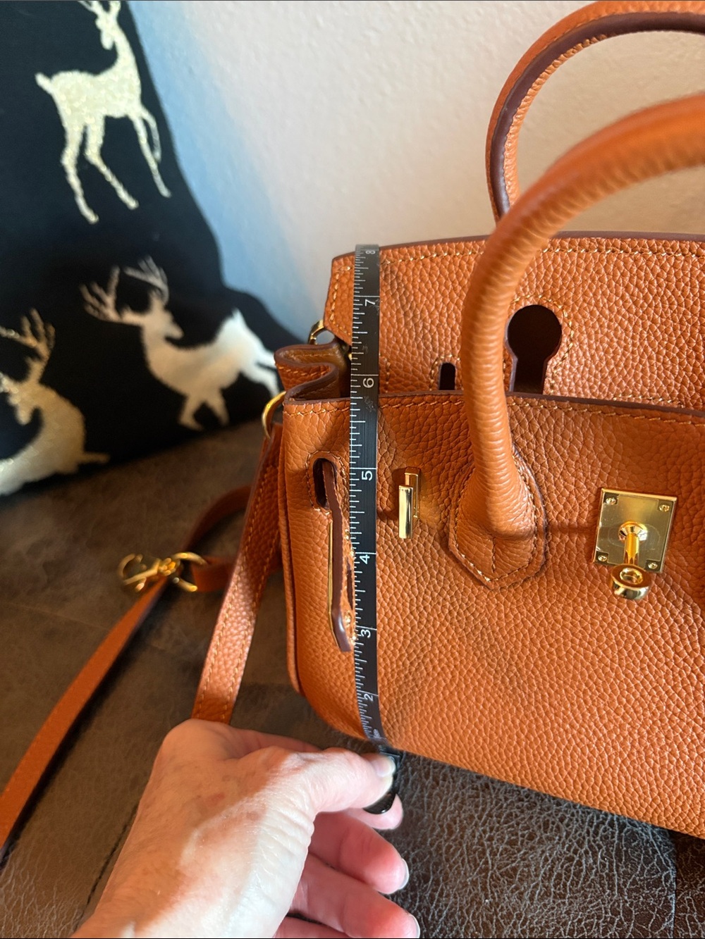 **Women's Tan Pebbled Leather Satchel with Top Handles and Crossbody Strap - Picture 9 of 12